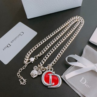 Dior Silver Chunky Chain Necklace with Red Logo Pendant view 2