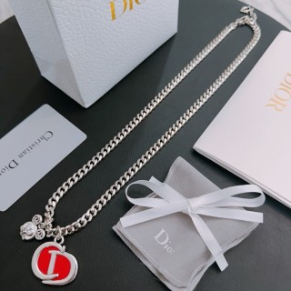 Dior Silver Chunky Chain Necklace with Red Logo Pendant view 3