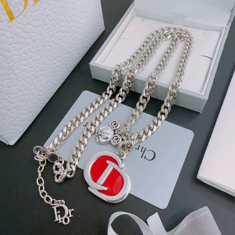 Dior Silver Chunky Chain Necklace with Red Logo Pendant view