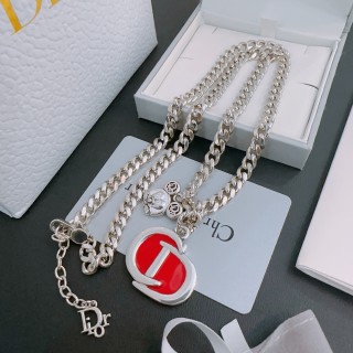 Dior Silver Chunky Chain Necklace with Red Logo Pendant view 5