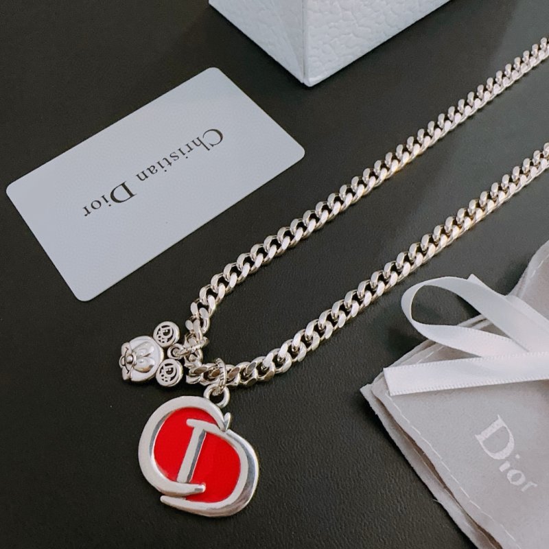 Dior Silver Chunky Chain Necklace with Red Logo Pendant view