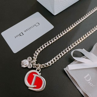 Dior Silver Chunky Chain Necklace with Red Logo Pendant view 6