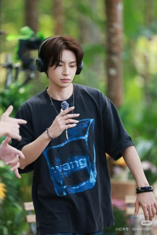 Black Graphic Print T-Shirt with Blue Neon Design view 1