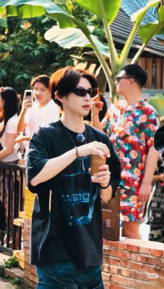 Black Graphic Print T-Shirt with Blue Neon Design view 2