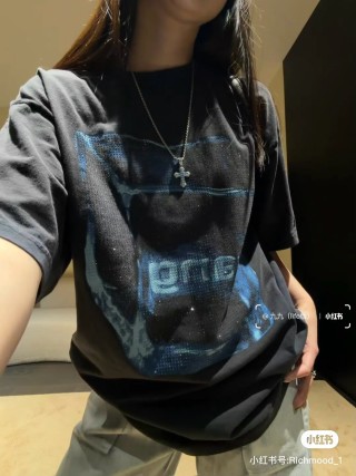 Black Graphic Print T-Shirt with Blue Neon Design view 5