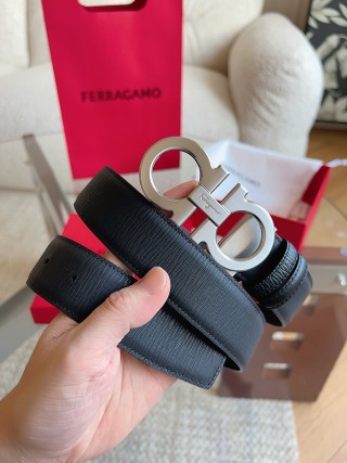 Salvatore Ferragamo Black Leather Business Belt with Silver Buckle