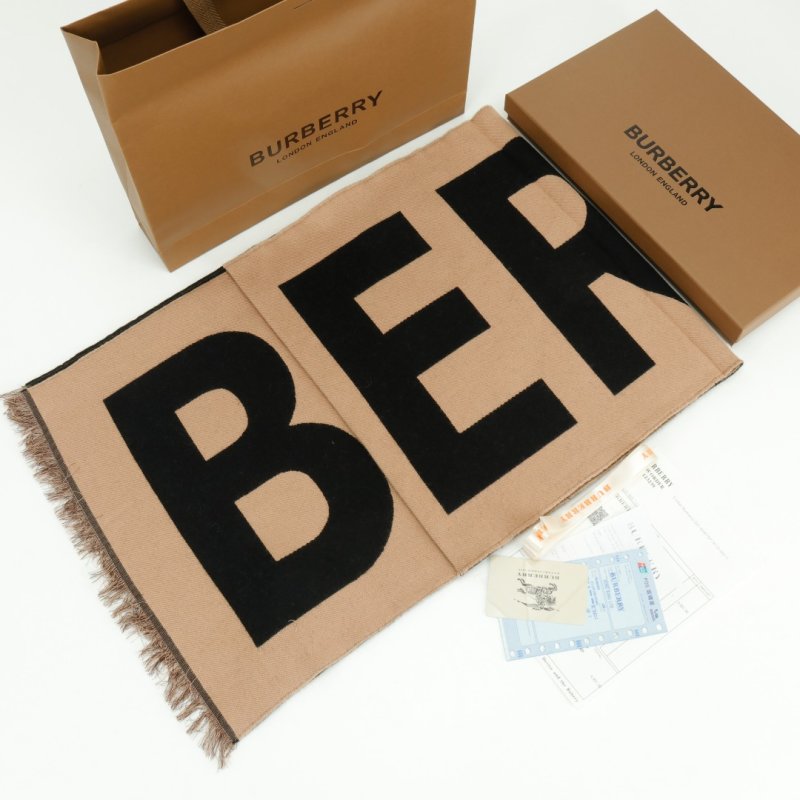 Burberry BBR Oversized Letter Double-Sided Fringe Scarf Camel