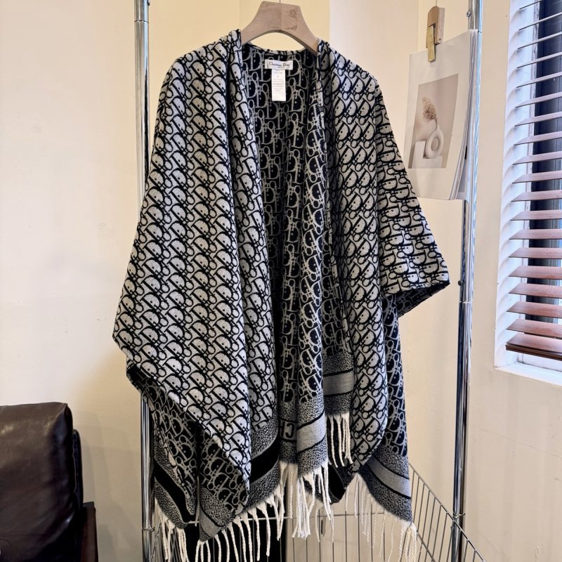 Dior Grey Letter Jacquard Shawl Cape with Fringe