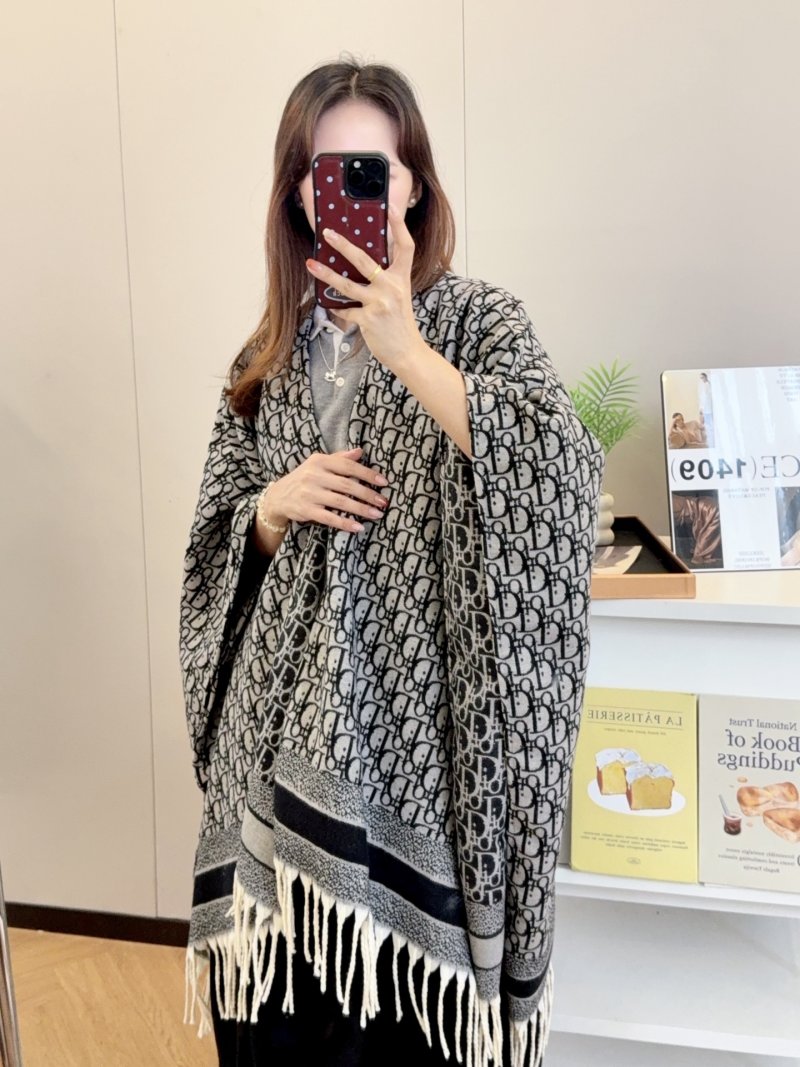 Dior Grey Letter Jacquard Shawl Cape with Fringe view