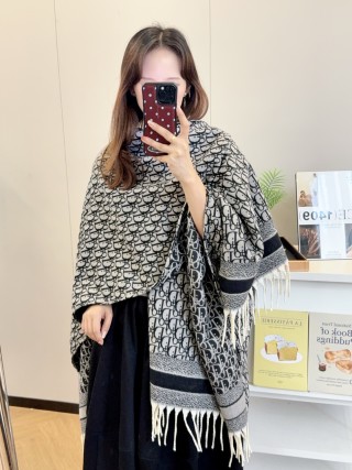 Dior Grey Letter Jacquard Shawl Cape with Fringe view 7