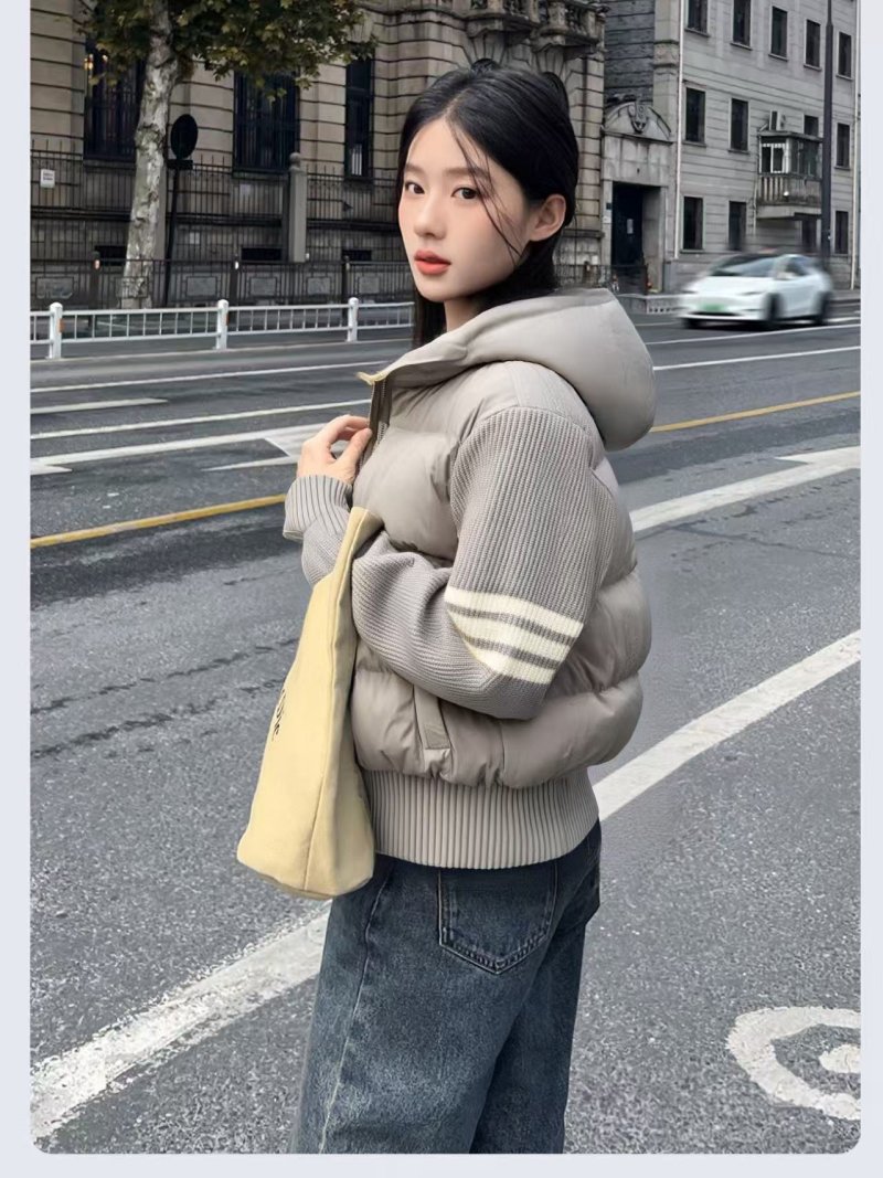Grey Puffer Down Jacket with Ribbed Sleeves view