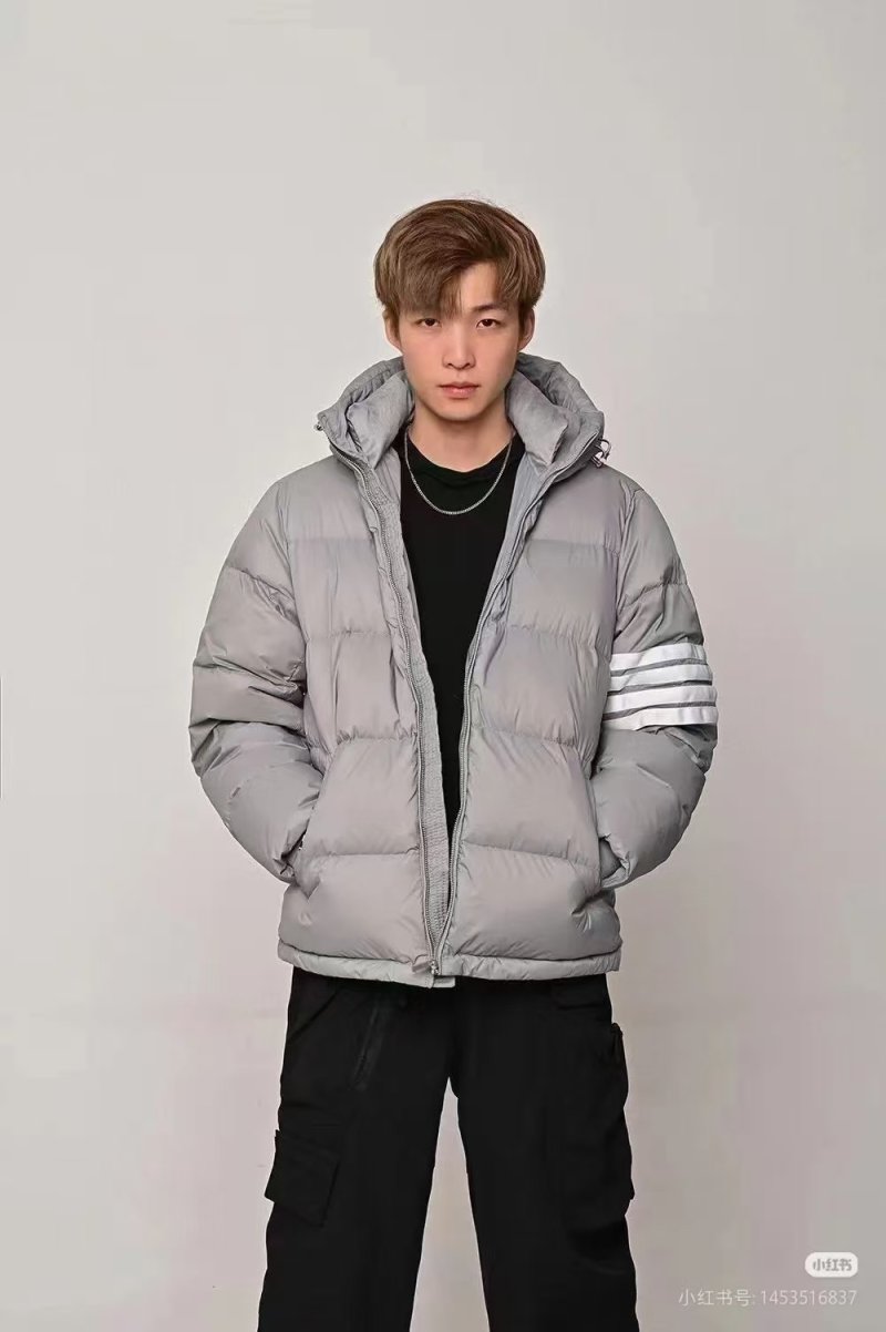 Grey Puffer Down Jacket with Stripe Sleeve Detail
