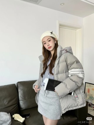 Grey Puffer Down Jacket with Stripe Sleeve Detail view 4