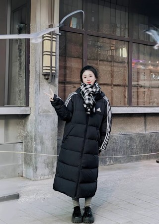 Adidas Black Long Puffer Down Jacket with 3-Stripe Detail view 1