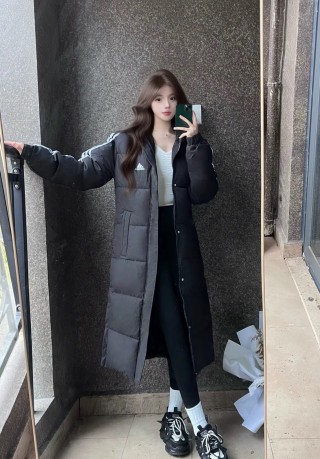 Adidas Black Long Puffer Down Jacket with 3-Stripe Detail view 2
