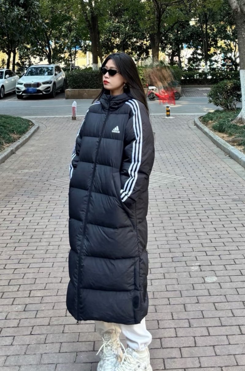 Adidas Black Long Puffer Down Jacket with 3-Stripe Detail view