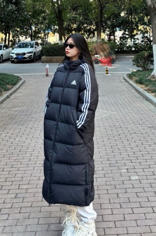 Adidas Black Long Puffer Down Jacket with 3-Stripe Detail view 4