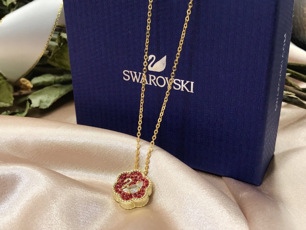 Swarovski Crystal Swan Red Flower Pendant Gold Necklace view