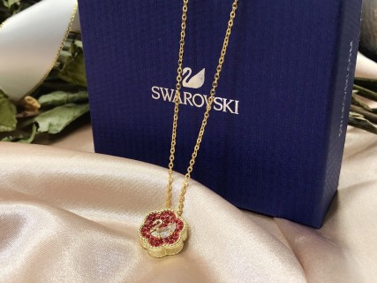 Swarovski Crystal Swan Red Flower Pendant Gold Necklace view 3
