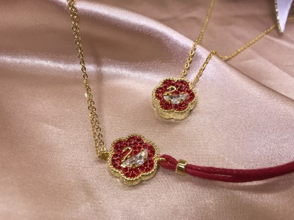 Swarovski Crystal Swan Red Flower Pendant Gold Necklace view 4