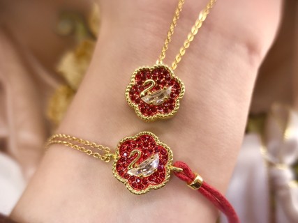 Swarovski Crystal Swan Red Flower Pendant Gold Necklace view 5