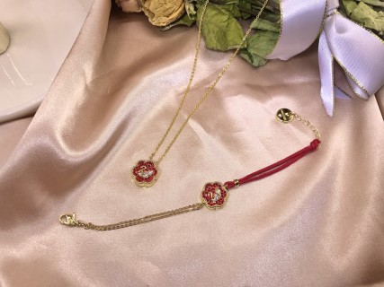Swarovski Crystal Swan Red Flower Pendant Gold Necklace view 6