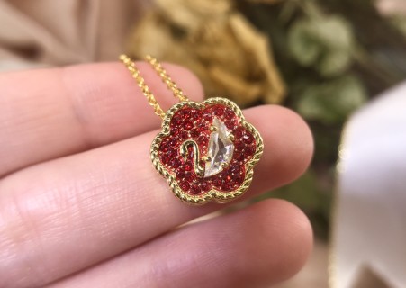 Swarovski Crystal Swan Red Flower Pendant Gold Necklace view 7