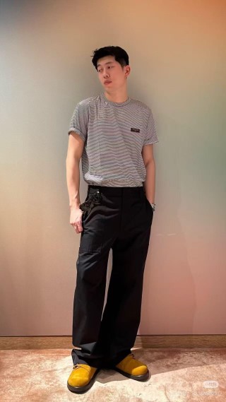 Grey Striped Short Sleeve T-Shirt with Chest Logo view 2