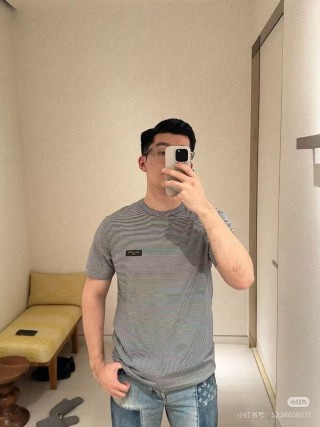 Grey Striped Short Sleeve T-Shirt with Chest Logo view 3