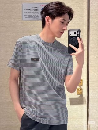 Grey Striped Short Sleeve T-Shirt with Chest Logo view 6