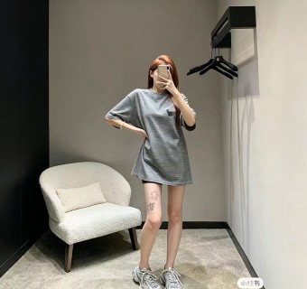 Grey Striped Short Sleeve T-Shirt with Chest Logo view 7
