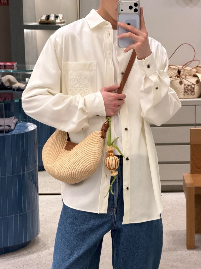 Loewe Cream Oversized Button-Up Shirt with Embroidered Chest Pocket