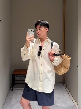 Loewe Cream Oversized Button-Up Shirt with Embroidered Chest Pocket view 2