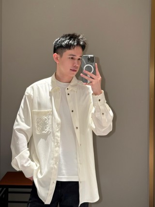 Loewe Cream Oversized Button-Up Shirt with Embroidered Chest Pocket view 4