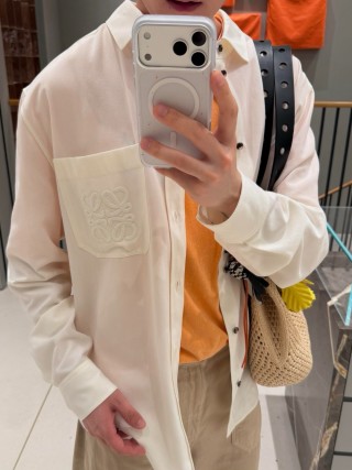 Loewe Cream Oversized Button-Up Shirt with Embroidered Chest Pocket view 6