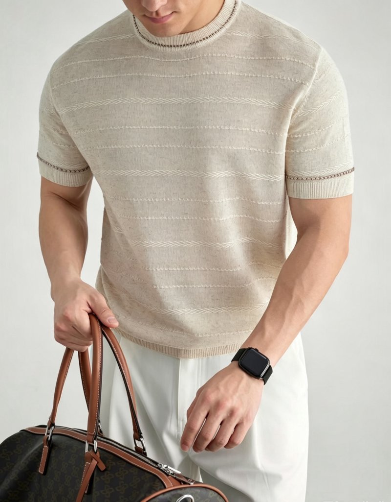 Cream Knit Short-Sleeve Crewneck T-Shirt