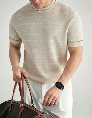 Cream Knit Short-Sleeve Crewneck T-Shirt view 2