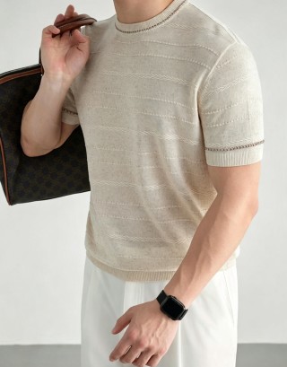 Cream Knit Short-Sleeve Crewneck T-Shirt view 3