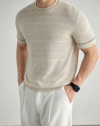 Cream Knit Short-Sleeve Crewneck T-Shirt view 4