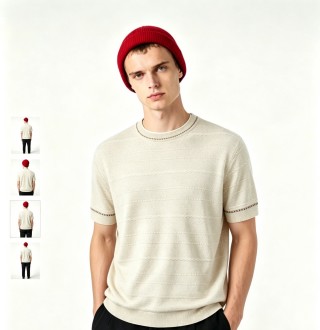 Cream Knit Short-Sleeve Crewneck T-Shirt view 5