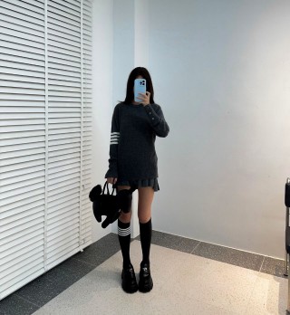 Black Knit Sweater with Striped Sleeves view 3
