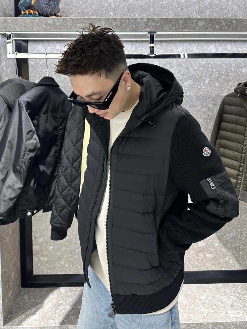 Moncler Black Quilted Down Jacket with Knit Sleeves