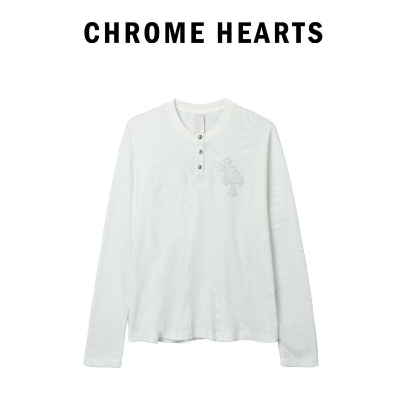 White Waffle Knit Long Sleeve Henley with Embroidered Cross view