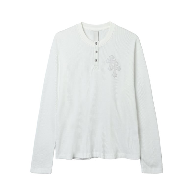 White Waffle Knit Long Sleeve Henley with Embroidered Cross view