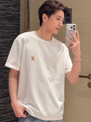 Louis Vuitton White Crew Neck T-Shirt with Gold LV Logo view 6