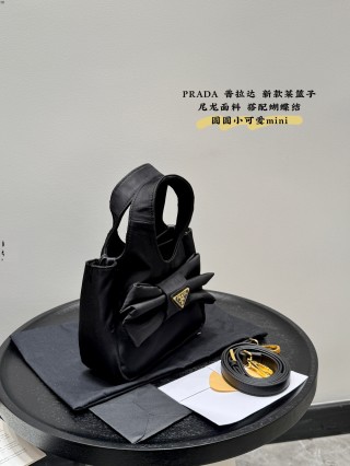 Prada Mini Nylon Tote Bag Black with Bow view 2