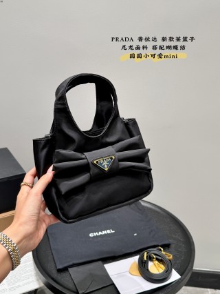 Prada Mini Nylon Tote Bag Black with Bow view 6