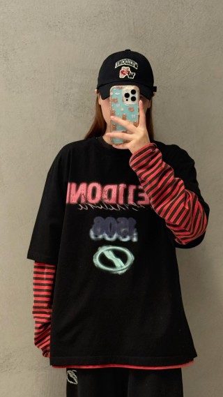 Black Oversized Graphic T-Shirt with Red Stripe Sleeves view 1