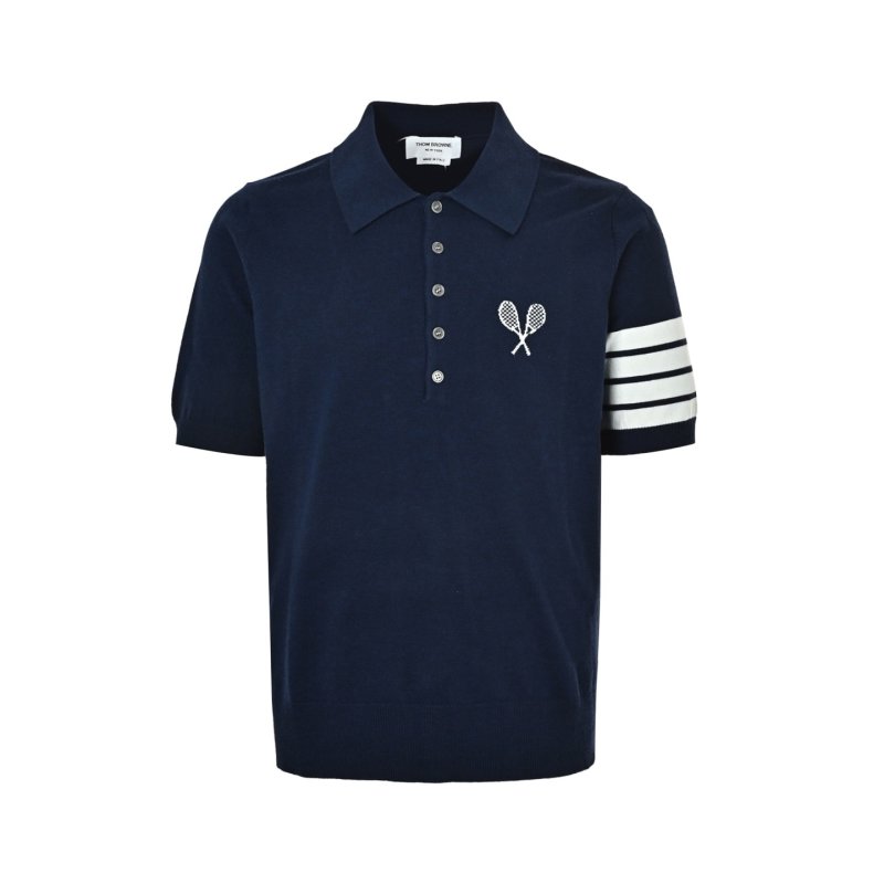 Navy Racket Emblem Polo Shirt with Stripe Sleeves view