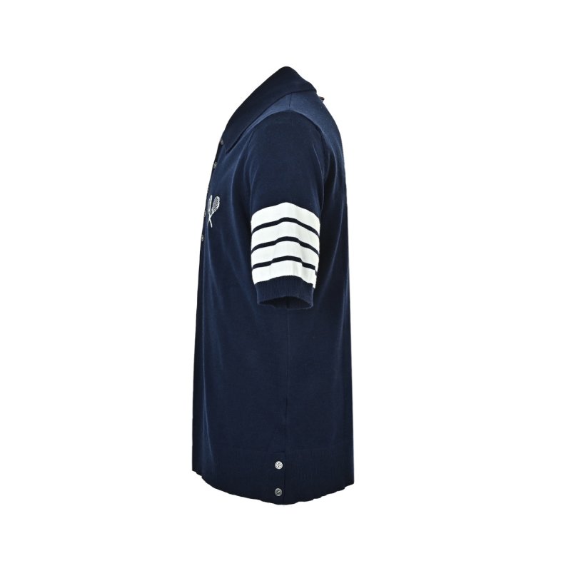 Navy Racket Emblem Polo Shirt with Stripe Sleeves view